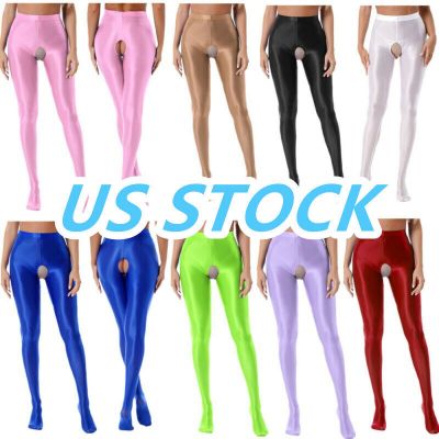 US Womens Glossy Tights Pants High Waist Crotchless Pantyhose Stockings Hosiery